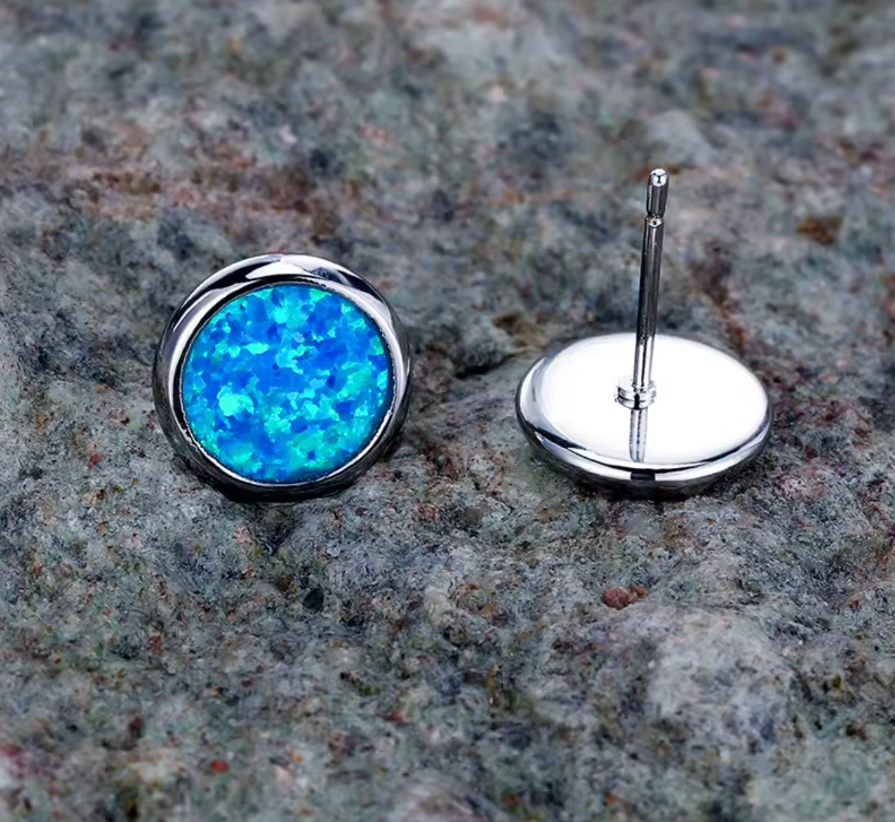 Cute Blue Fire Opal Stone Round Stud Earrings