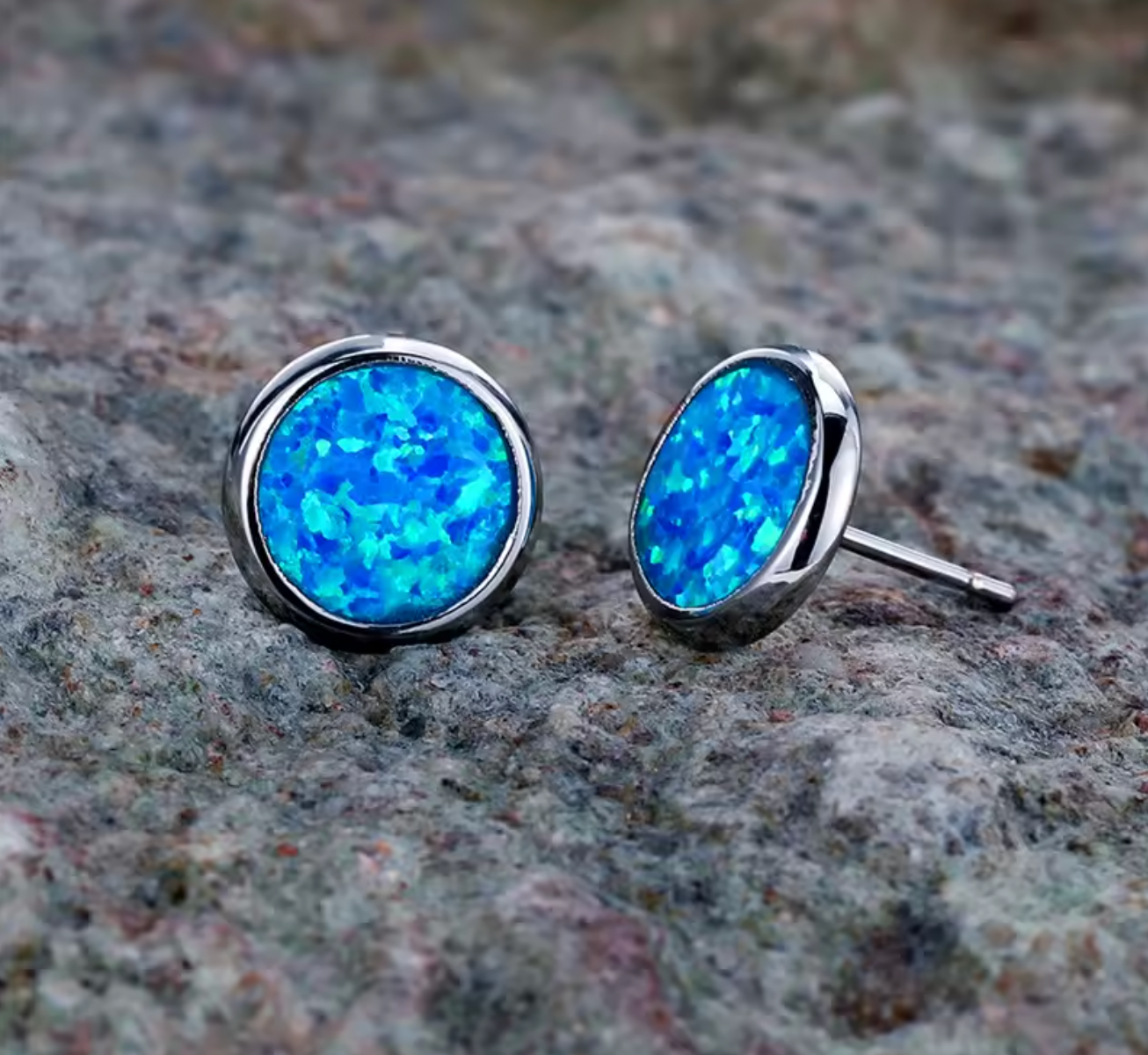 Cute Blue Fire Opal Stone Round Stud Earrings