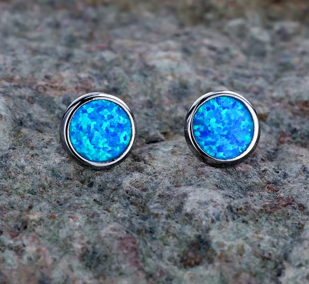 Cute Blue Fire Opal Stone Round Stud Earrings