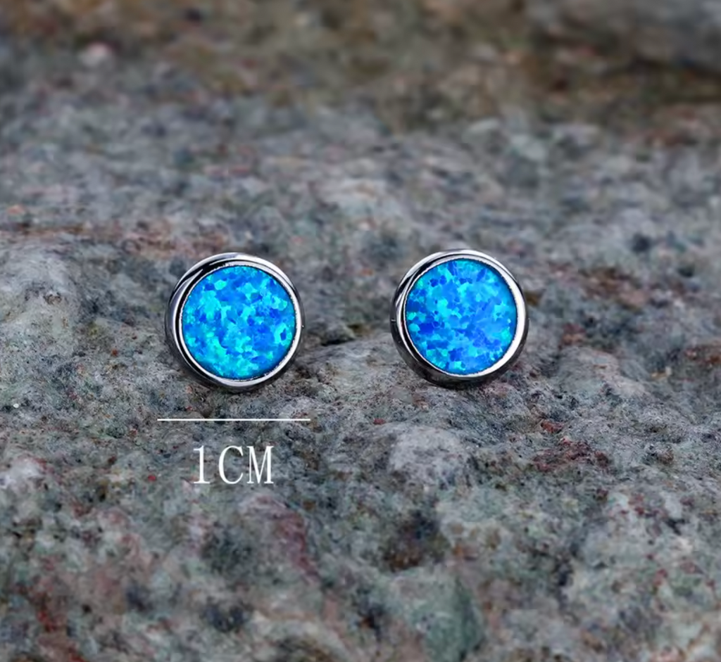 Cute Blue Fire Opal Stone Round Stud Earrings