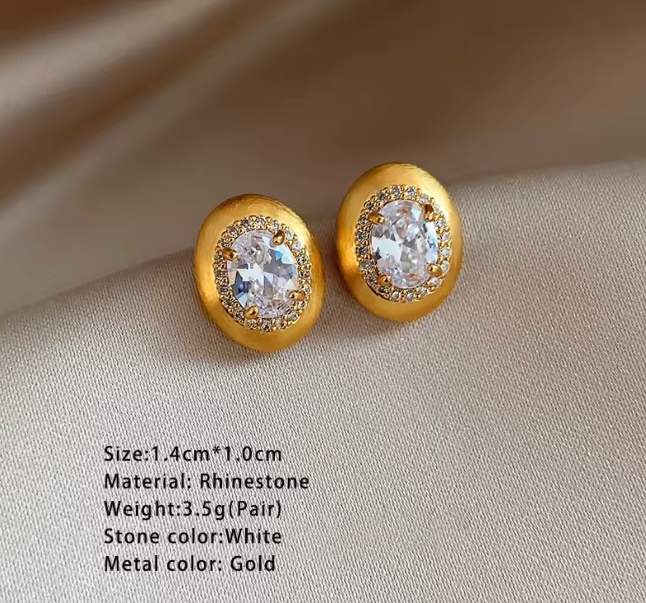 Mid Ancient Style Metal Brushed Oval Stud Earrings with Rhinestone Inlay