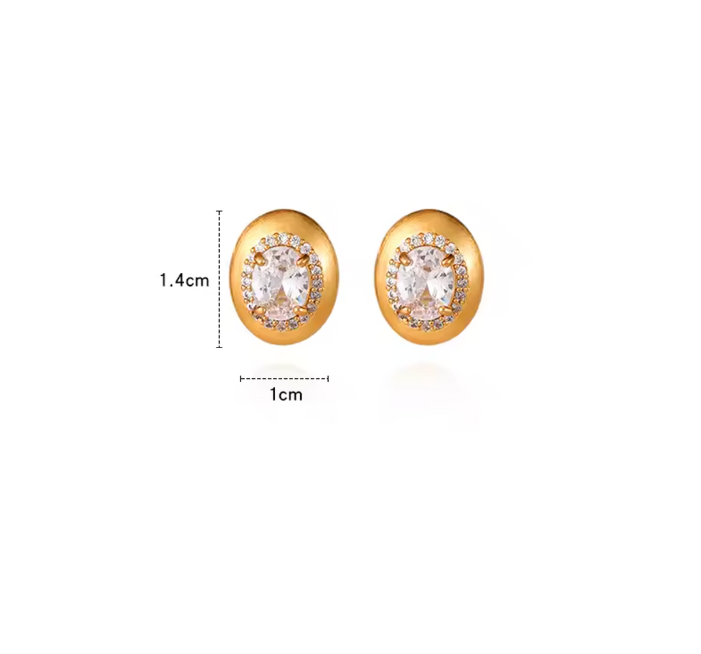 Mid Ancient Style Metal Brushed Oval Stud Earrings with Rhinestone Inlay
